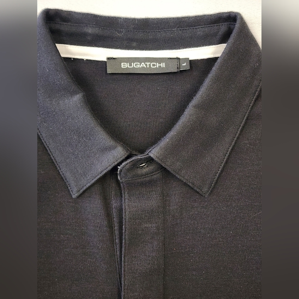 NWOT Bugatchi Men's Black Polo Shirt Short Sleeve White Stripes Detail, sz LG - Picture 2 of 12